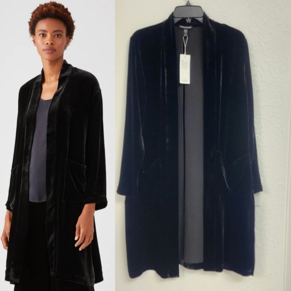 Eileen Fisher Wemens Velvet long Jacket, Black , Size L NWT
